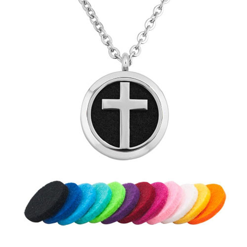 [Australia] - ShinyJewelry Aromatherapy Essential Oil Diffuser Necklace Cross Round Locket Pendant with 12 Color Refill Pads Cross-2 