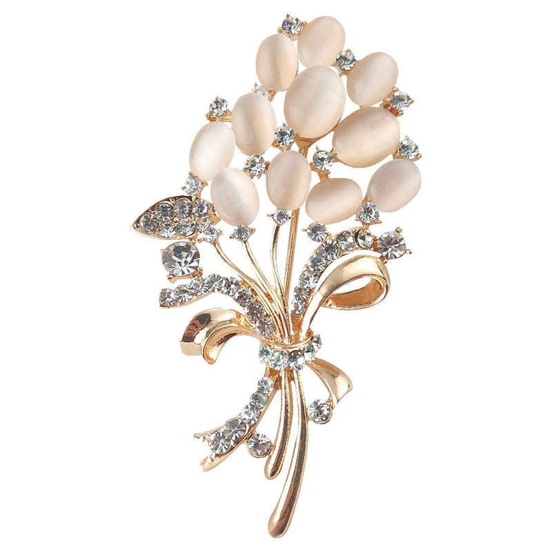 [Australia] - Merdia Floral Flower Brooches Wedding Bouquets with Beautiful Created Cat's Eye for Elegant Women -Light Beige 