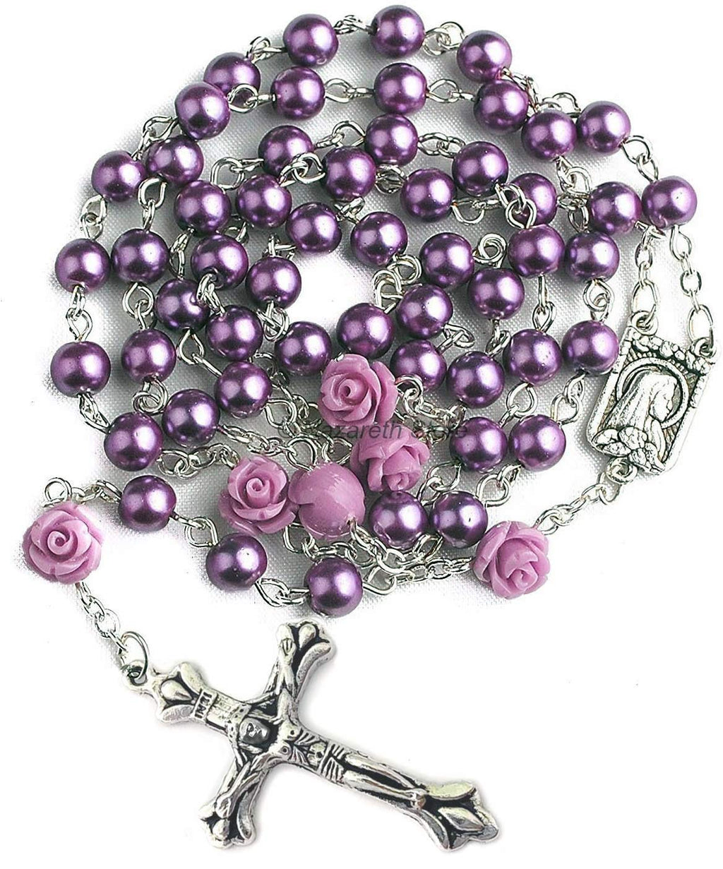 [Australia] - Nazareth Store Catholic Purple Pearl Beads Rosary Necklace Our Rose Lourdes Medal & Cross NS 