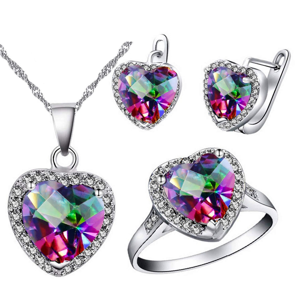 [Australia] - Uloveido Rainbow Rhinestone Women Heart Cocktail Ring, Dangling Earrings and Pendant Necklace Jewelry Set for Girls T481 