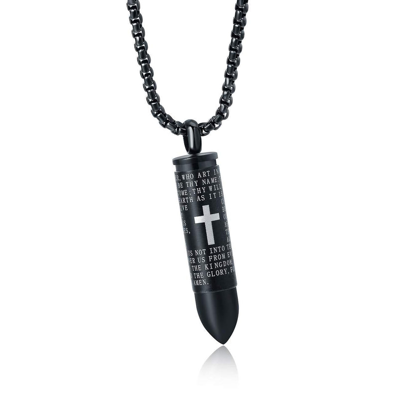 [Australia] - Molike Stainless Steel English Lord's Prayer Cross Bullet Pendant Urn Ashes Necklace for Men, 22 Inch Chain Black Engraved 