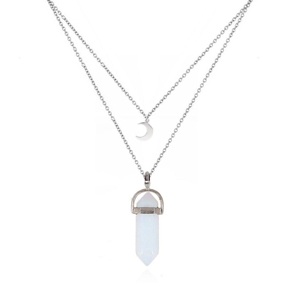 [Australia] - Natural Stone MultiLayer Moon Choker Necklace Pendant Fashion Jewelry For Women Girls White Stone 