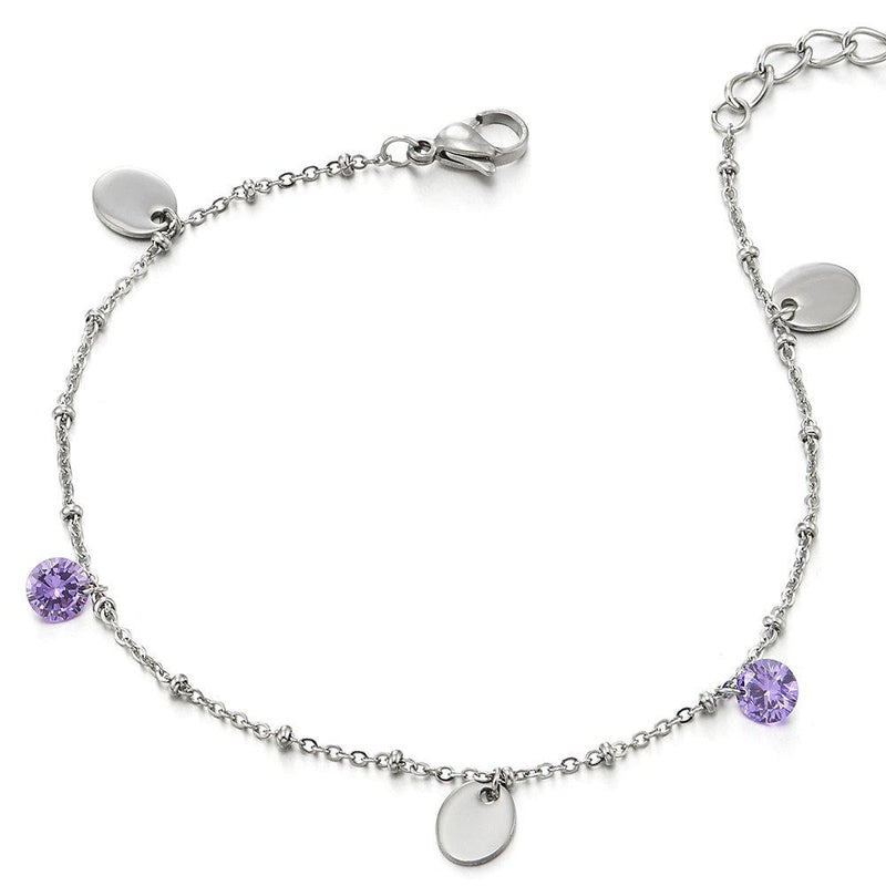 [Australia] - COOLSTEELANDBEYOND Stainless Steel Anklet Bracelet with Charms of Purple Cubic Zirconia and Oval 