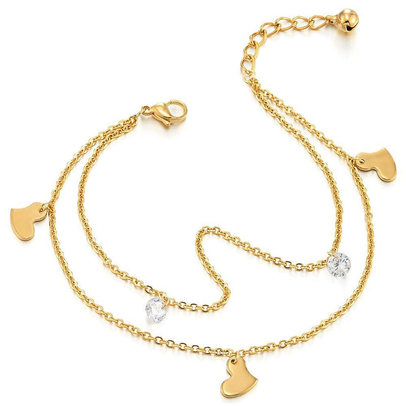 [Australia] - COOLSTEELANDBEYOND Two-Row Stainless Steel Gold Color Anklet Bracelet with Dangling Charms of Cubic Zirconia and Hearts 
