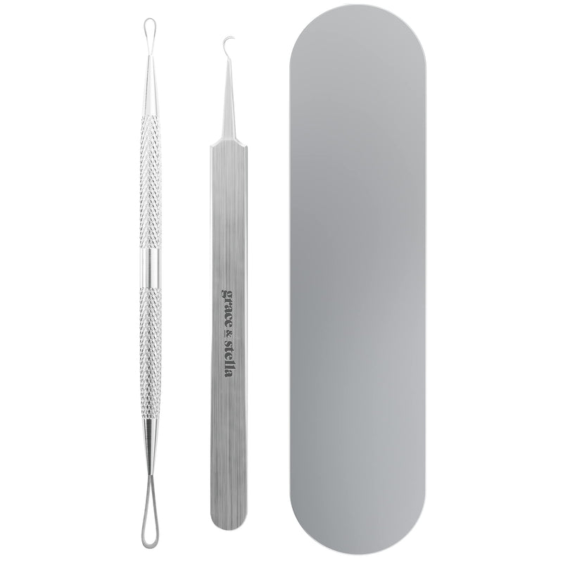 [Australia] - Grace & Stella Blackhead Remover Tool Kit - Stainless Steel Blackhead Remover - Pimple Popper Tool Kit with 1 Curved Needle-Tip Tweezer & 1 Looped Double-Ended Extractor 
