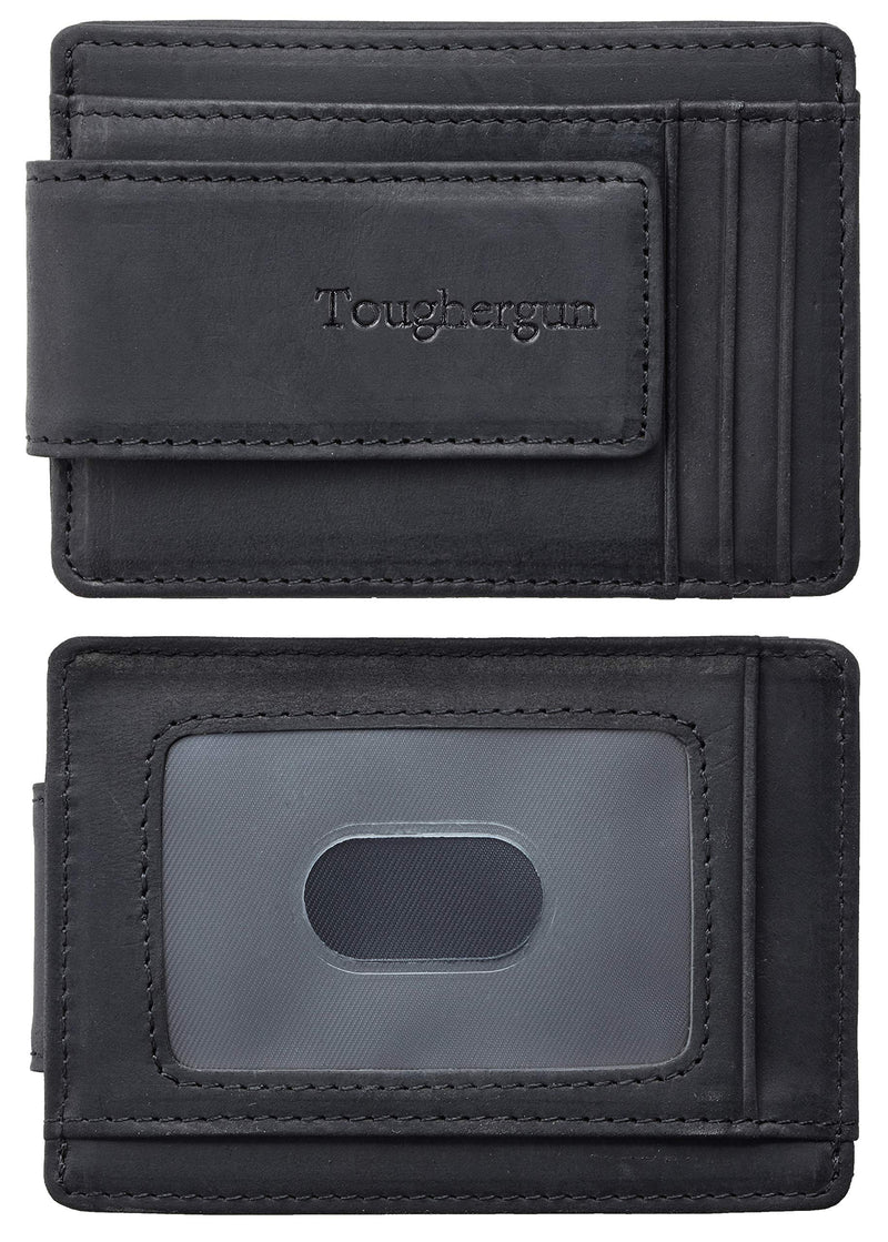 [Australia] - Toughergun Genuine Leather Magnetic Front Pocket Money Clip Wallet RFID Blocking Crazy Horse Black 