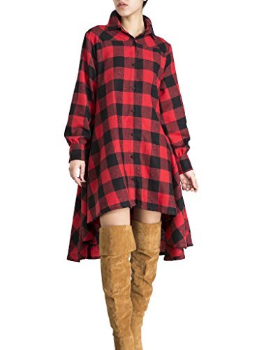 [Australia] - olrain Womens Plaids V Neck Long SleeveIrregular Hem Casual Shirt Dress X-Large Red 
