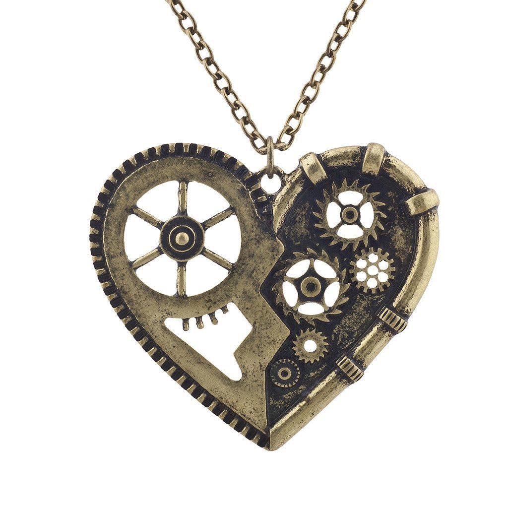 [Australia] - Lux Accessories Burnish Gold Vintage Steampunk Gearwork Heart Charm Necklace 