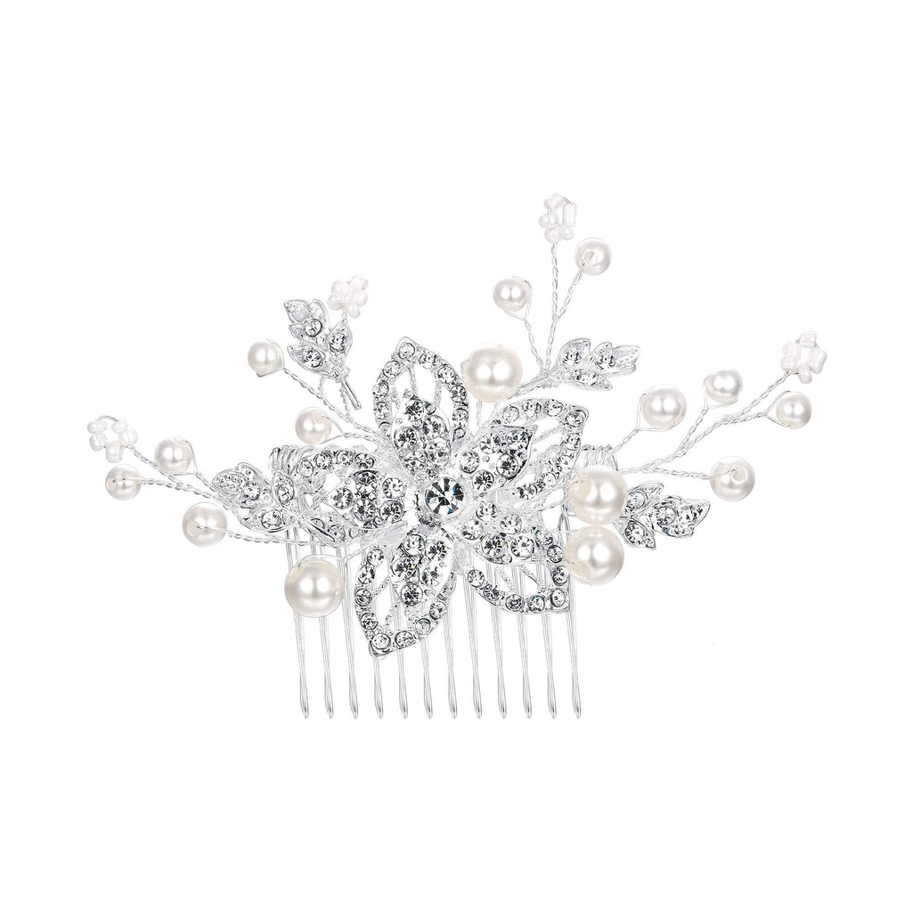 [Australia] - BriLove Women's Bohemian Boho Simulated Pearl Flower Handmade DIY Bendable Filigree Hair Comb Ivory Color Clear Silver-Tone 