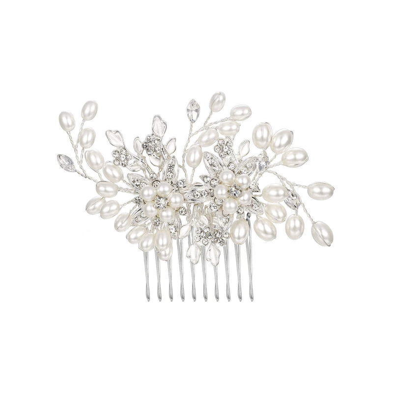 [Australia] - BriLove Women's Teardrop Simulated Pearl Bridal Flower Handmade DIY Bendable Filigree Hair Comb Ivory Color Clear Silver-Tone 
