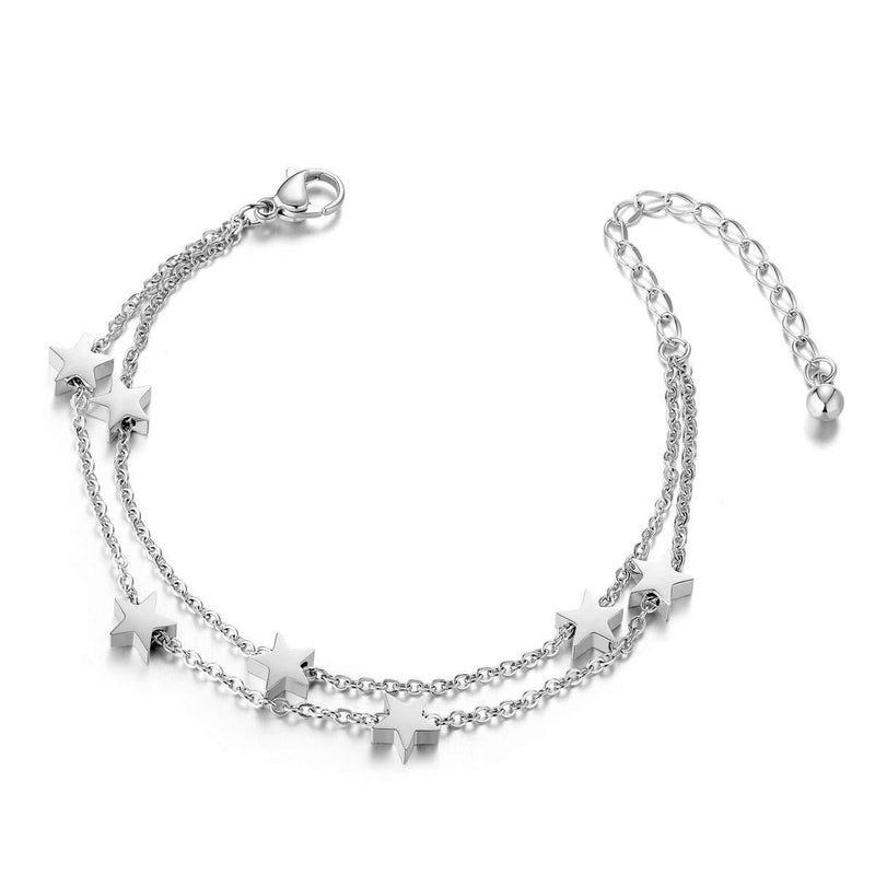 [Australia] - Sweetiee Star Anklet Rose Gold Double Chain Charms Anklet Bracelet for Women Beach Casual Silver 