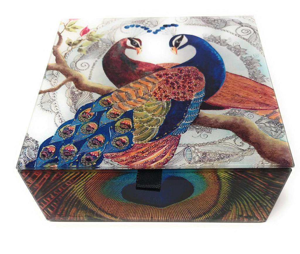 [Australia] - Value Arts Pair of Peacocks Glass Keepsake Box, Beveled Edges, Velvet Lined, 4.7 Inches Square 