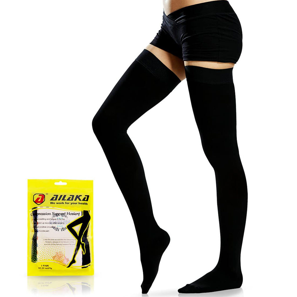 [Australia] - Ailaka Thigh High 20-30 mmHg Compression Stockings for Women & Men L Black (Close Toe) 