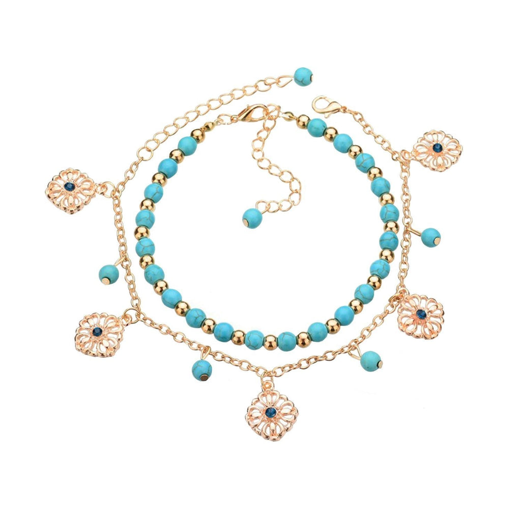 [Australia] - BaubleStar Summerfit Ankle Bracelet Anklet Simulated Blue Turquoise Beads Jewelry for Women Girls Gold Tone 