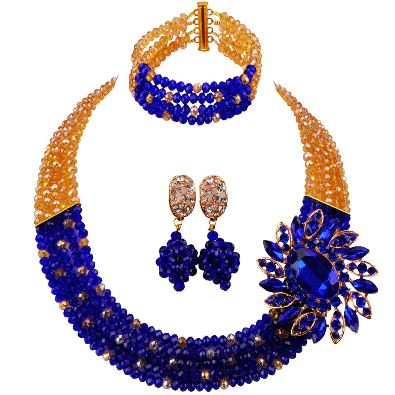 [Australia] - aczuv 5 Rows Women's Fashion African Beads Nigerian Necklace Bridal Wedding Jewelry Sets Gold AB Royal Blue 