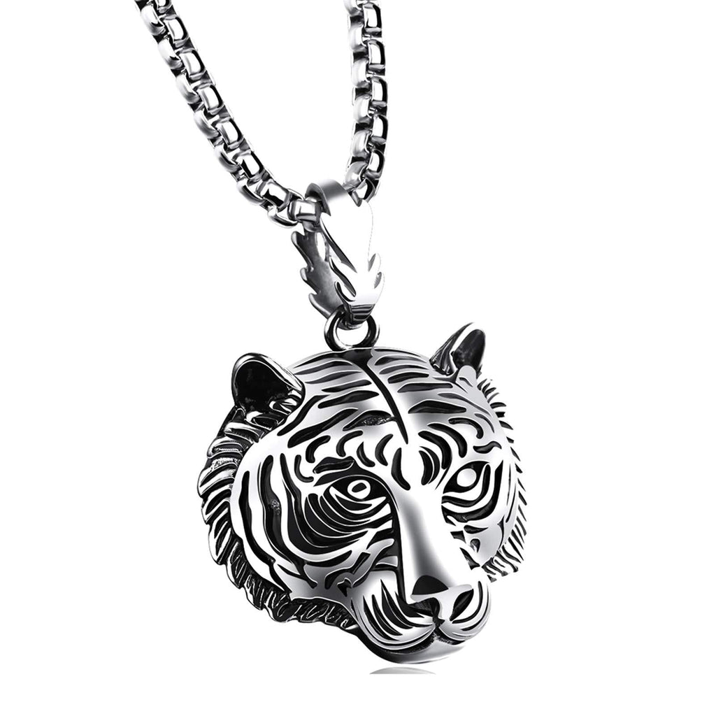 [Australia] - Fusamk Punk Rock Titanium Steel Animal Tiger Head Pendant Chain Necklace Steel Tiger Head 