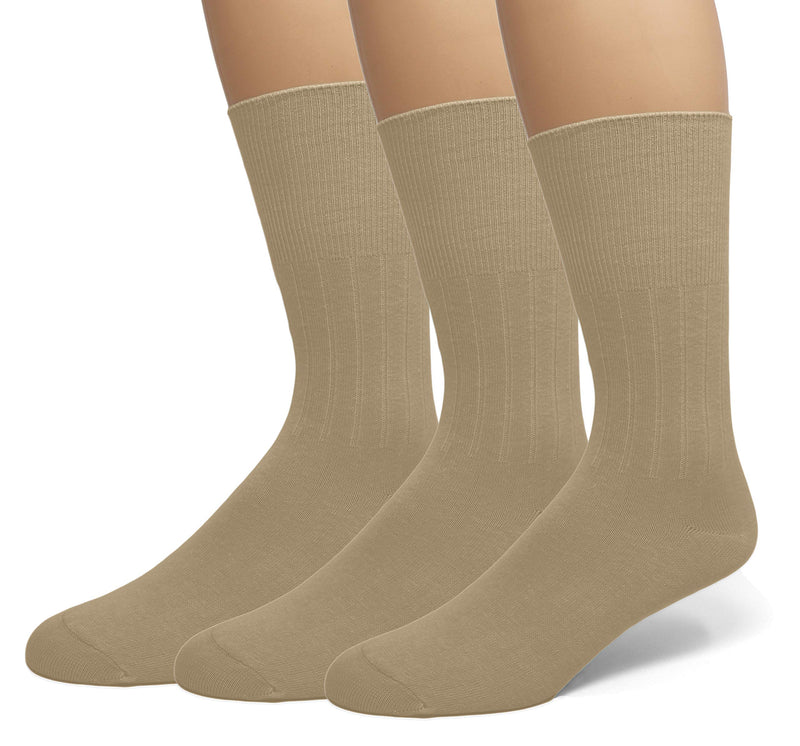 [Australia] - EMEM Apparel Men's Diabetic Dress Crew Cotton Socks | Non-Binding Loose Top | Seamless Toe | 3-Pair | Big and Tall Available 13-15 Big Tall Khaki, 3-pack 