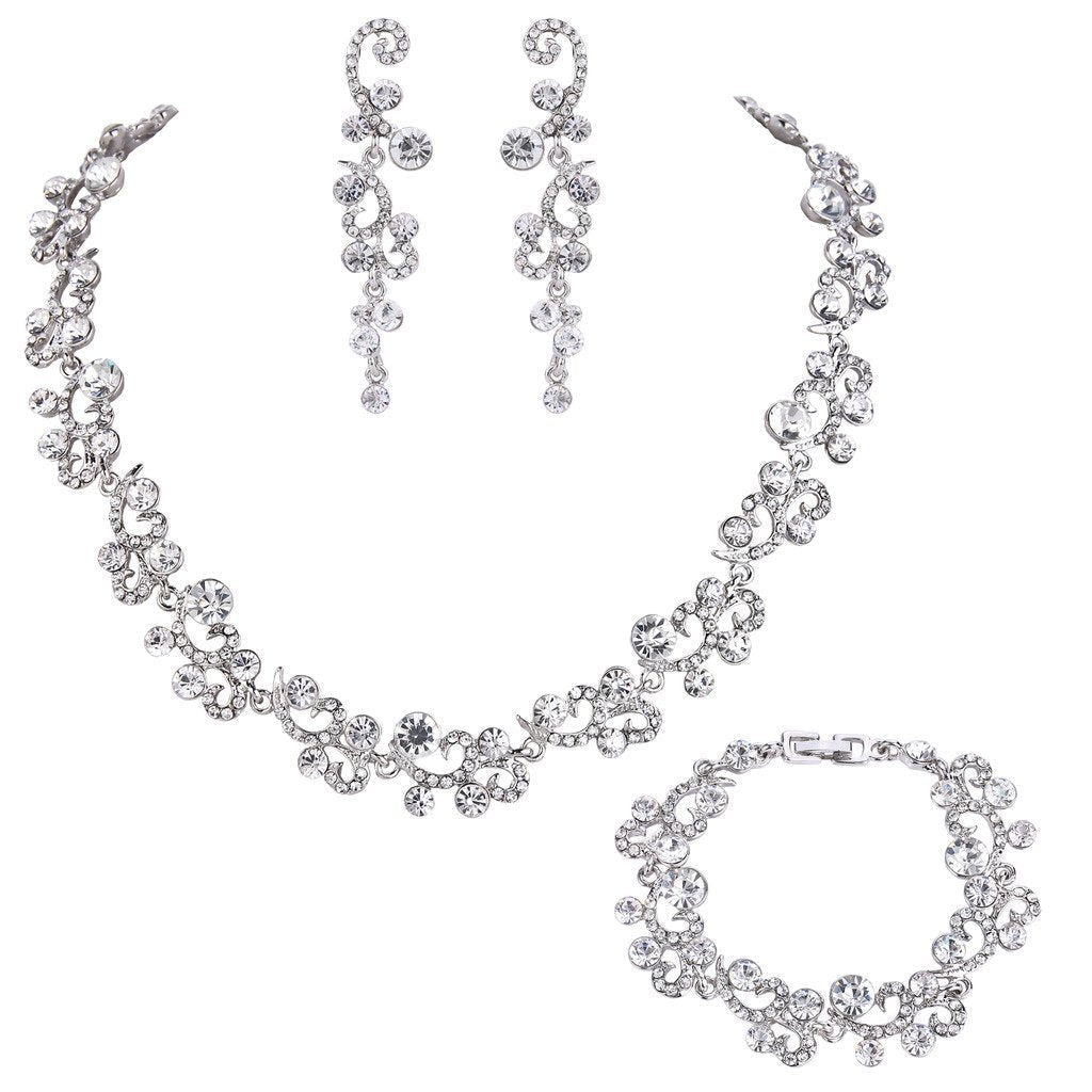 [Australia] - EVER FAITH Women's Austrian Crystal Elegant Wedding Flower Wave Necklace Earrings Bracelet Set Clear Silver-Tone 