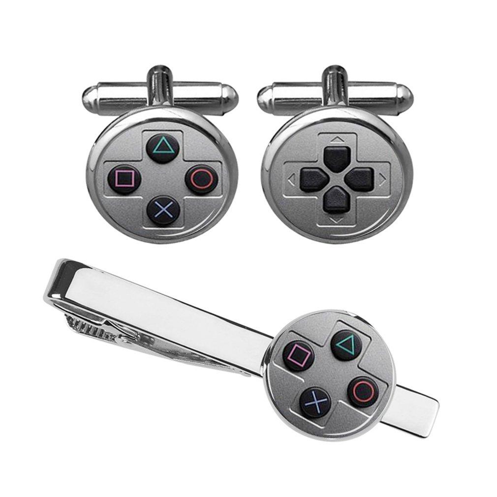 [Australia] - ZUNON Game Console Button Cufflinks & Tie Clip Groom Groomsmen Team Wedding Anniversary Party Gifts Silver Cufflink Tieclip Set 