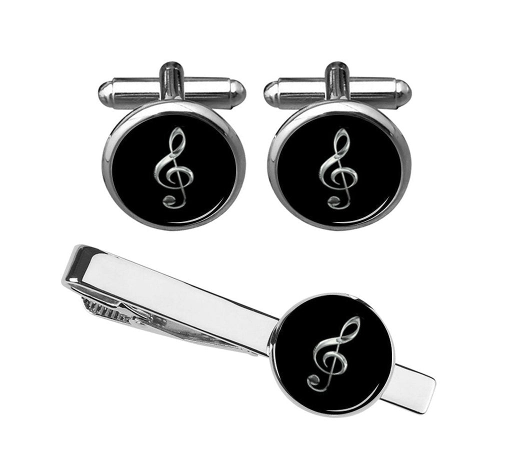 [Australia] - ZUNON Treble Cufflinks & Tie Clip Music Note Music Instrument Musician Arts Gift for Men Husband Fiancee Silver Cufflink Tieclip Set 