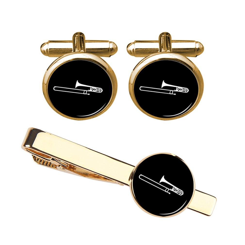 [Australia] - ZUNON Music Cufflinks Trombone Musical Instrument Cufflinks & Tie Clips Set Musician Artist Jewelry Wedding Gift Gold Cufflink Tieclip Set 