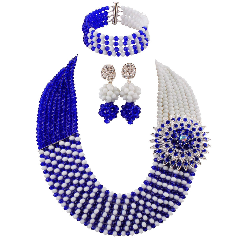 [Australia] - laanc Jewelry 8 Rows Royal Blue Multicolor Gradient Crystal African Beads Nigerian Wedding Jewelry Sets Royal Blue White 