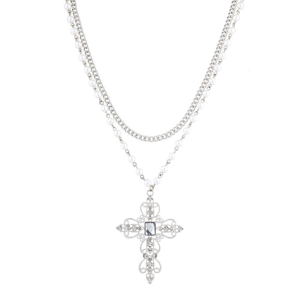 [Australia] - Lux Accessories Rosary Elegant Fancy Beaded Cross Necklace Silver 