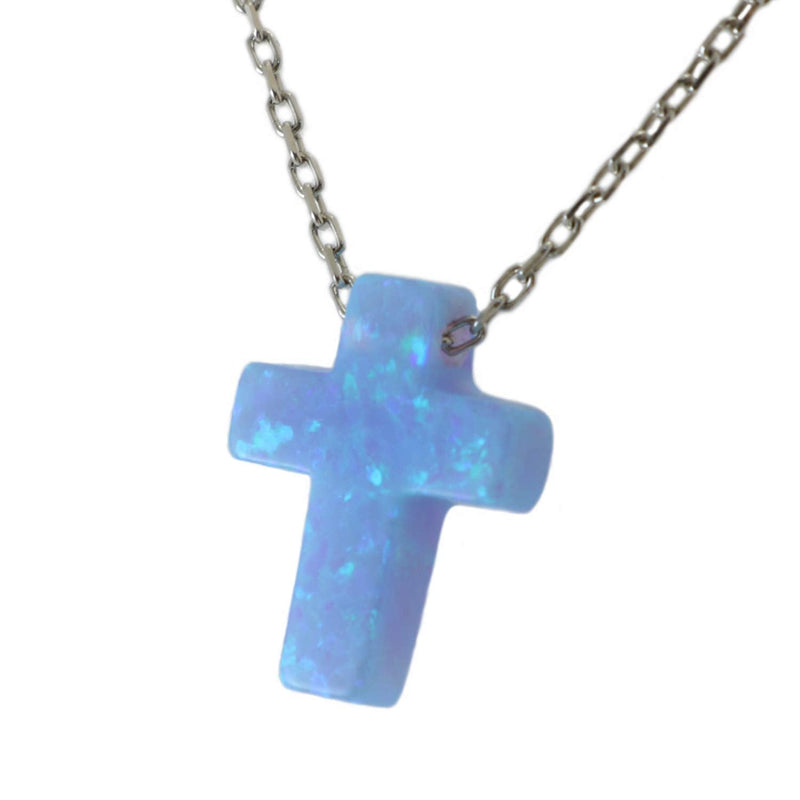 [Australia] - Women's Mini Blue Created Opal Cross Dainty Minimalist Pendant Necklace with 925 Sterling Silver Chain 16+2 inches Light Blue 