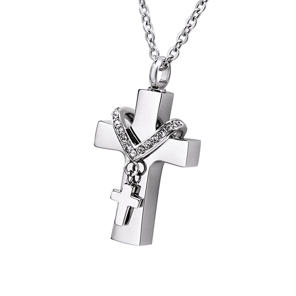 [Australia] - By Double Cross Memorial Ash Urn Necklace with Crystal Stainless Steel Waterproof Jewelry (Cross) Sliver 