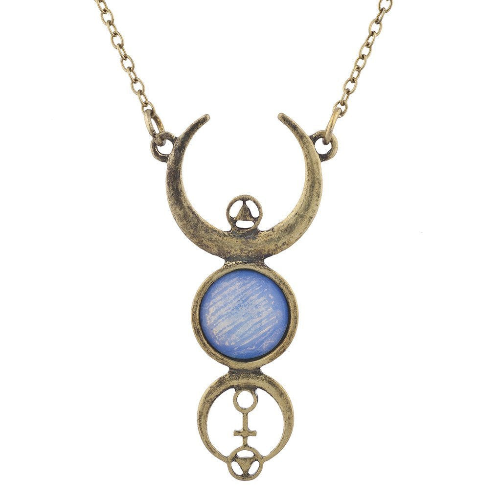 [Australia] - Lux Accessories Burnished Faux White Opal Moon Phase Wiccan Pendant Necklace 