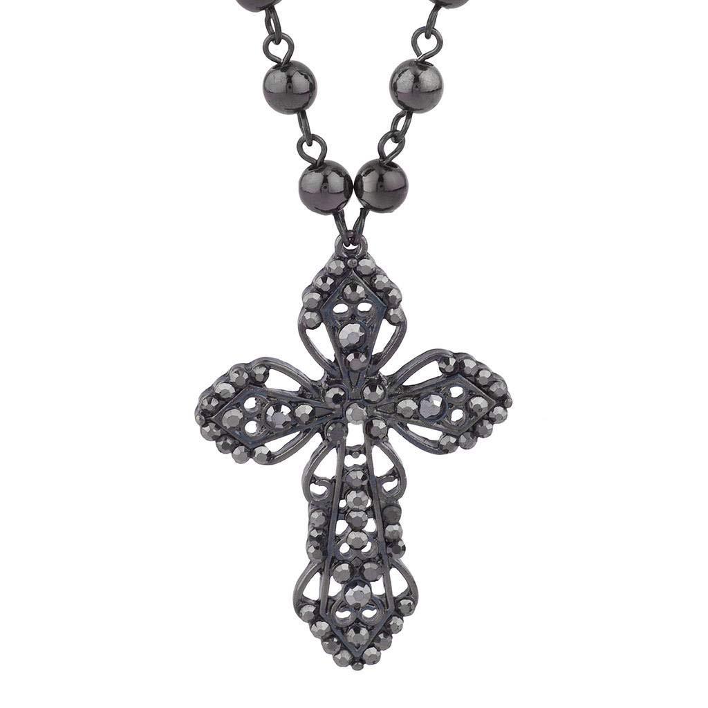 [Australia] - Lux Accessories Classic 80s Gothic Black Rosary Cross Beaded Pendant Necklace Hemitite 