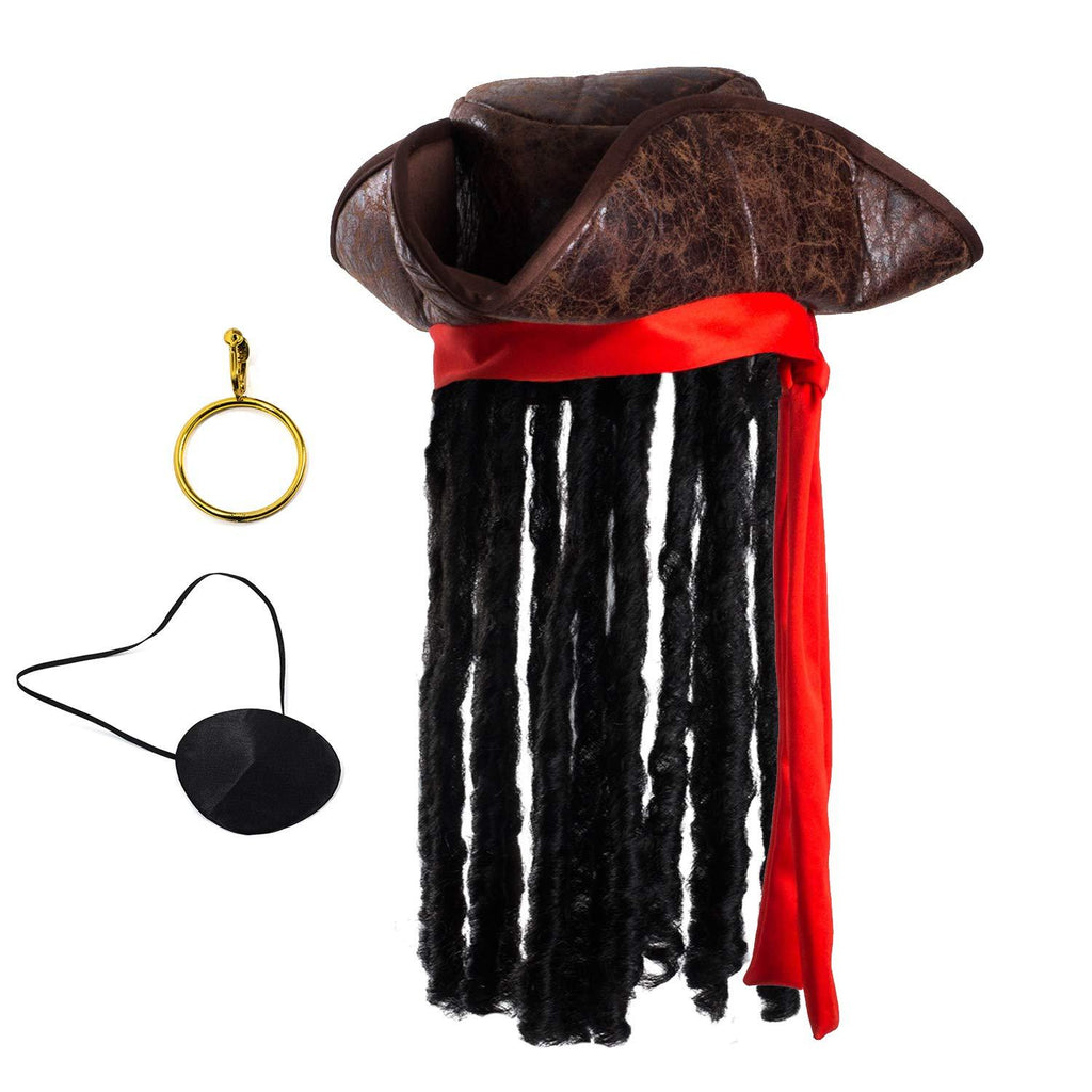 [Australia] - Pirate Hat with Dreadlocks - Tricorn Pirate Hat - Caribbean Pirate Hat - Pirate Costume Accessories (3 Pc Set) Tigerdoe 