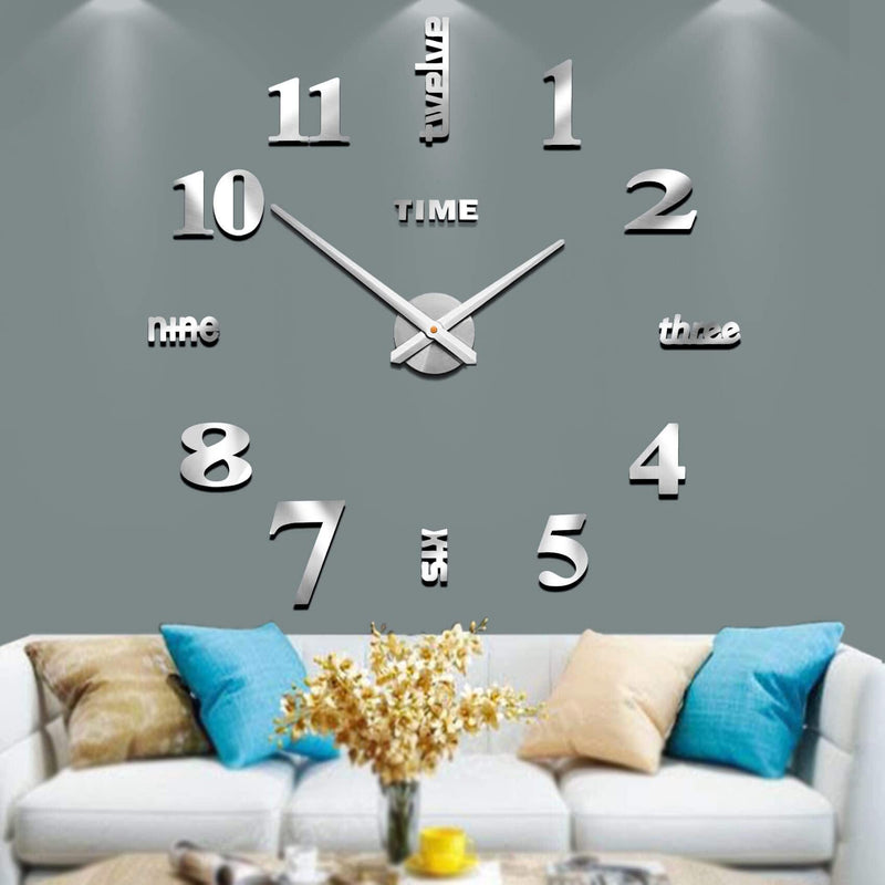 [Australia] - Mintime Modern Frameless DIY Wall Clock Large 3D Wall Watch Mirror Numbers for Home Office Decorations Silver-002 