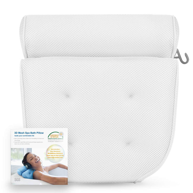 [Australia] - Coastacloud Breathable Spa Bath Pillow with 4 Large Suction Cups, Cushion Head, Neck, Shoulder & Back Support - Non Slip Contoured Shape Spa Pillows for Bathtub Hot Tub Jacuzzi - White 