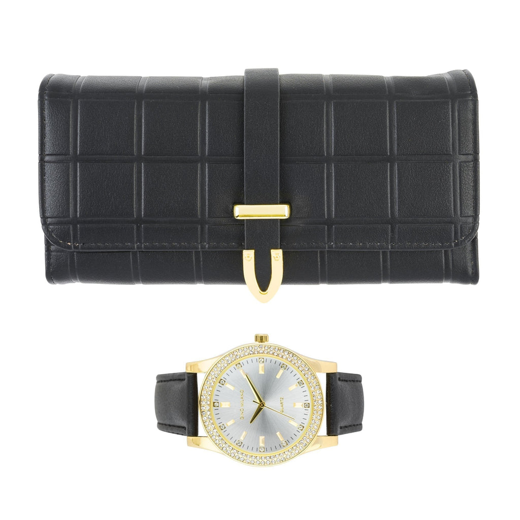 [Australia] - Women's Classy Leather Band Matching Watch & Tri-Fold Leather Wallet Set BLACK 