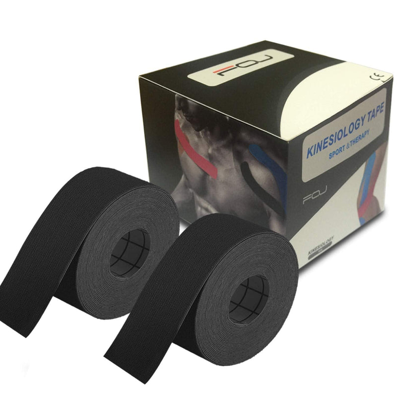 [Australia] - FOU Kinesiology Recovery Therapeutic Tape, Waterproof Muscle Support for Athlete,Sports Injury Tape 1 inch x 16.4 ft / 2.5cm x 5m Black 2 rolls 