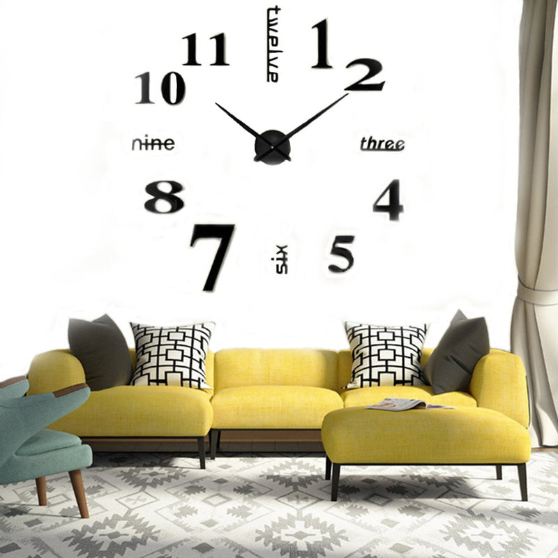 [Australia] - CUGBO DIY Wall Clock Modern Large 3D Wall Clock Mirror Stickers Home Office Decor,Black Black 