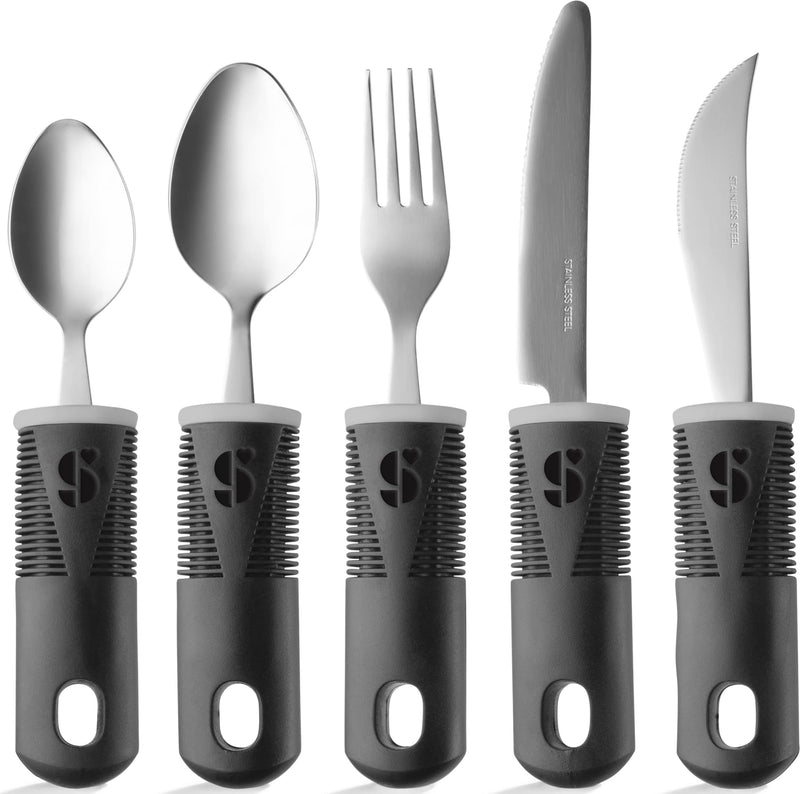 [Australia] - Special Supplies Adaptive Utensils (5-Piece Kitchen Set) Wide, Non-Weighted, Non-Slip Handles for Hand Tremors, Arthritis, Parkinson’s or Elderly use - Stainless Steel Knives, Fork, Spoons - Black 