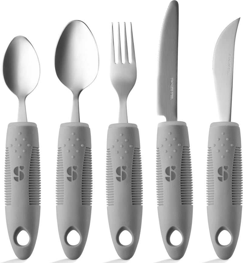 [Australia] - Special Supplies Adaptive Utensils (5-Piece Kitchen Set) Wide, Non-Weighted, Non-Slip Handles for Hand Tremors, Arthritis, Parkinson’s or Elderly Use - Stainless Steel Knives, Fork, Spoons - Grey 