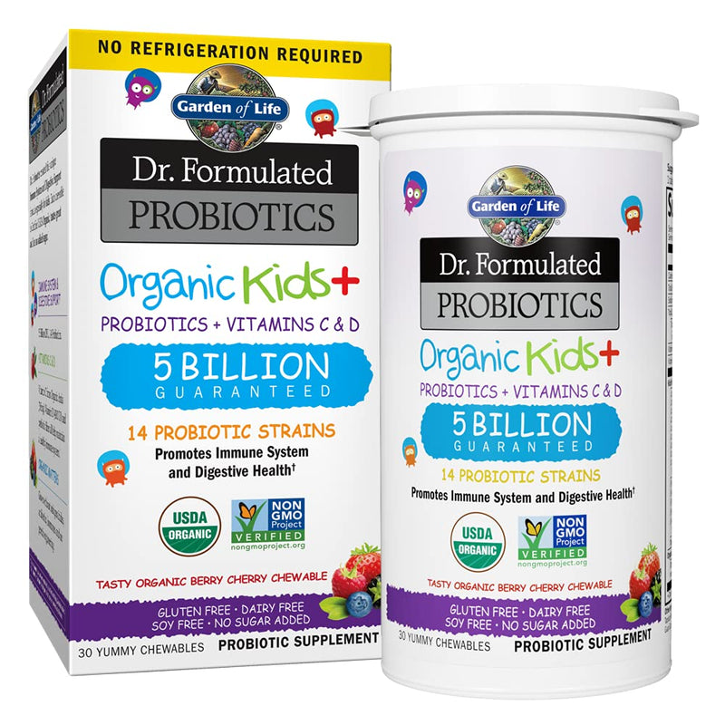 [Australia] - Garden of Life Dr. Formulated Probiotics Organic Kids+ Plus Vitamin C & D - Berry Cherry - Gluten, Dairy & Soy Free Immune & Digestive Health Supplement, No Added Sugar, 30 Chewables (Shelf Stable) 