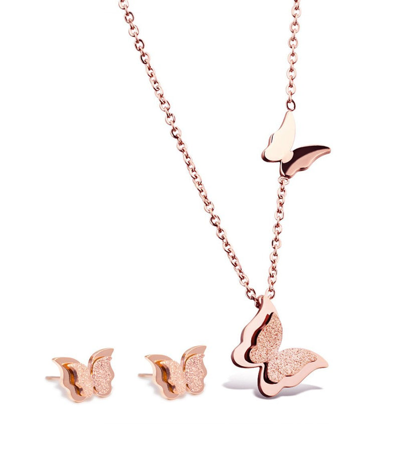 [Australia] - WDSHOW 18k Rose Gold Butterfly Stud Earrings Necklace Set for Women small earring + necklace 
