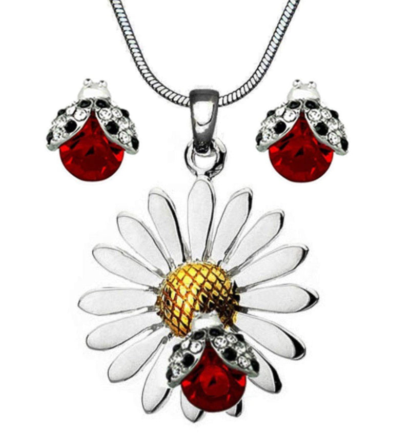 [Australia] - DianaL Boutique Beautiful Silvertone Daisy Flower Ladybug Pendant Necklace and Earrings Stud Set 21" Chain Gift Boxed Fashion Jewelry 