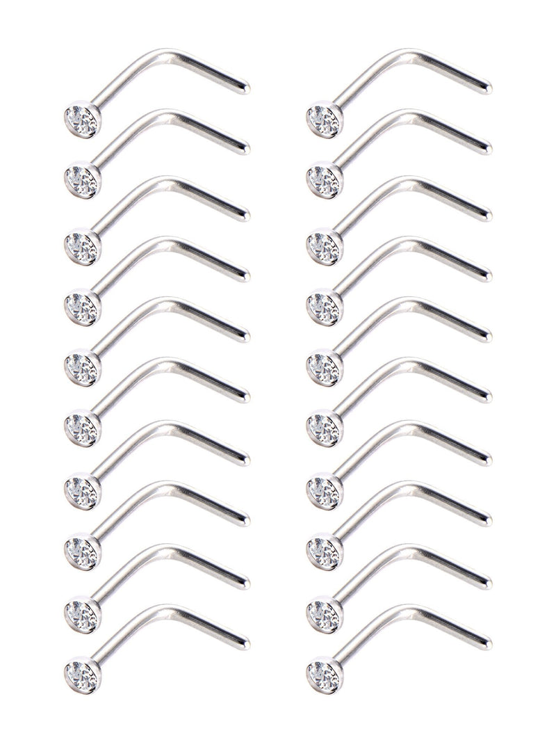 [Australia] - Mudder 20 Pieces Curved Nose Stud Stainless Steel Nose Ring Crystals L Bend Nose Screw Piercing, 20 Gauge (Clear) 
