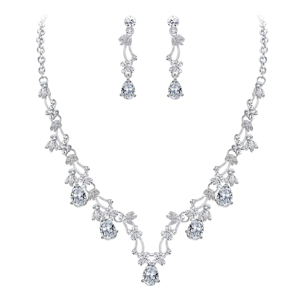 [Australia] - BriLove Women's Wedding Bridal CZ Crystal Cluster Filigree Vine Teardrop Statement Necklace Dangle Earrings Set Clear Silver-tone 