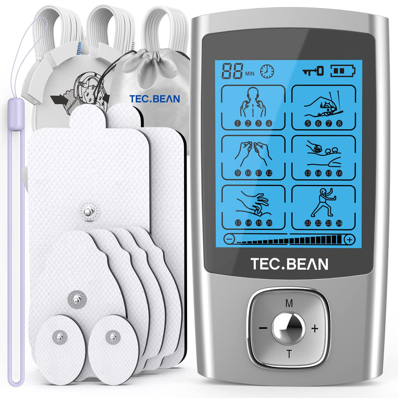 [Australia] - TEC.BEAN 24 Modes TENS Unit Muscle Stimulator, Rechargeable TENS Machine with 8 Electrode Pads (American Gel), Electric Pulse Massager for Pain Relief Therapy 