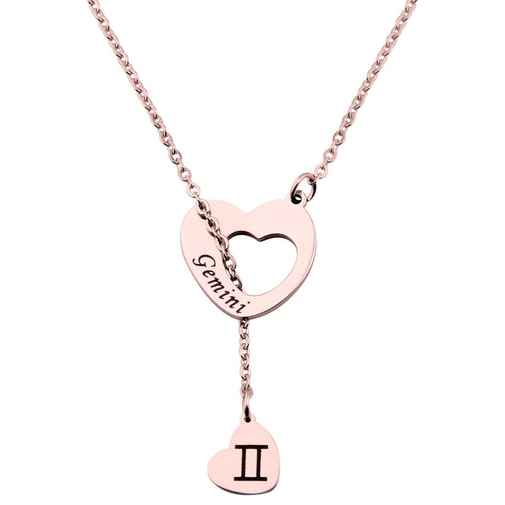 [Australia] - ENSIANTH Rose Gold Zodiac Signs Heart Necklace Stainless Steel Lariat Y Necklace Best Birthday Gift Gemini 