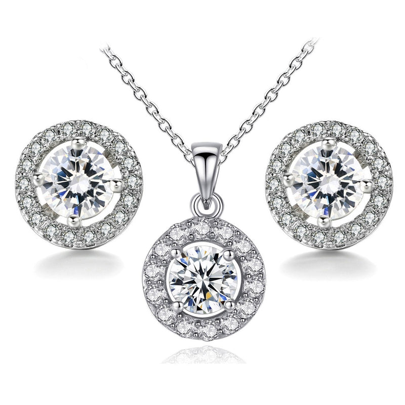 [Australia] - BaubleStar Silver Teardrop Crystal Pendant Necklace Stud Earrings Wedding Jewelry Set Round Silver Set 
