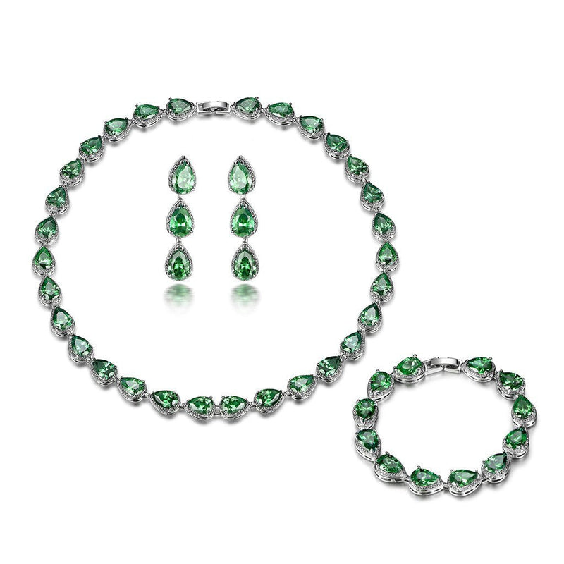 [Australia] - GULICX White Gold Plated Tear Drop AAA Cubic Zirconia Women Bracelet Earrings Necklace Jewelry Set Green Color 