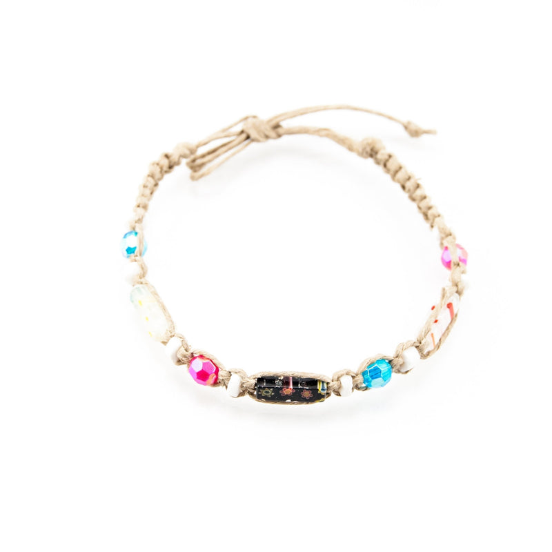 [Australia] - BlueRica Hemp Anklet Bracelet with Puka Shell Beads, Pink & Blue Beads, and Venetian Murano Glass Tubes 