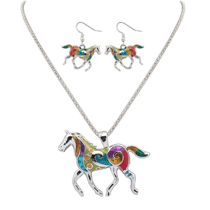 [Australia] - Charms Enamel Rainbow Horse Pendant Necklace with Earrings Jewelry Sets Silver,White 